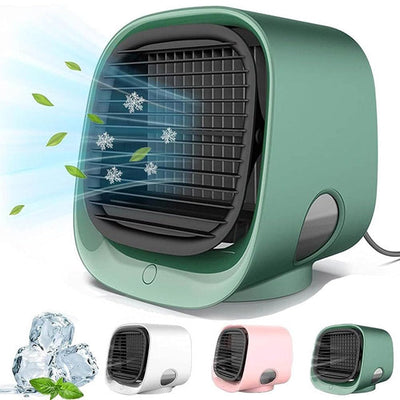 Ventilateur de refroidissement portable vert, compact et moderne, avec fonction de climatisation. Disponible en plusieurs couleurs: blanc, rose, noir.