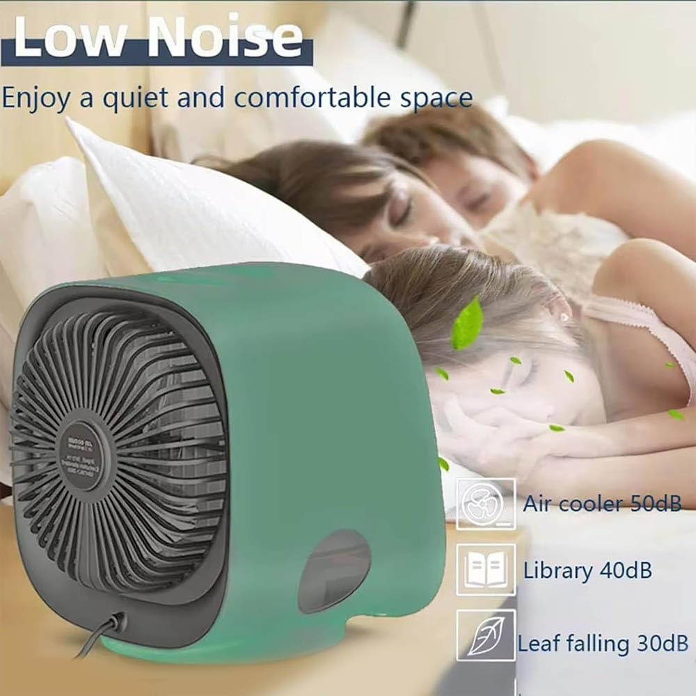Ventilateur silencieux vert sur table de chevet, idéal pour chambre à coucher, réduit le bruit à 50dB, crée un espace confortable et paisible.