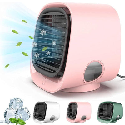 Ventilateur de bureau rose compact, soufflant de l'air frais avec des feuilles et flocons, disponible en plusieurs couleurs. Refroidisseur d'air portable.