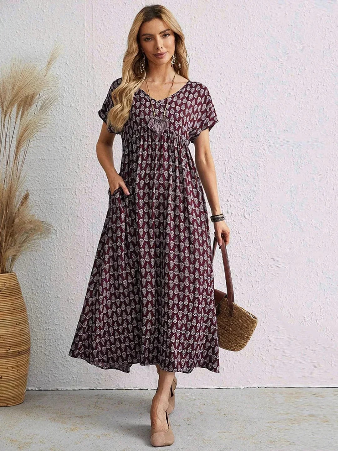 Aganietta - Nouvelle robe vintage à col en V en lin et coton