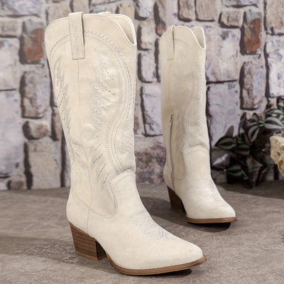 Botas vaqueras bordadas para mujer, punta puntiaguda y tacón medio