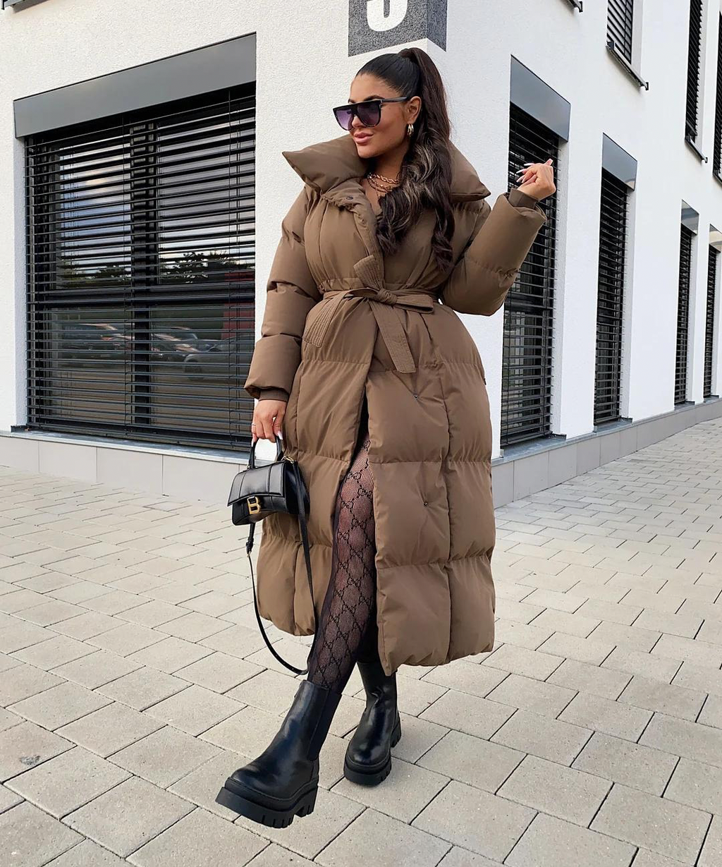 Mellody lang elegant frakke med bælte til kvinder - Premium uldblanding