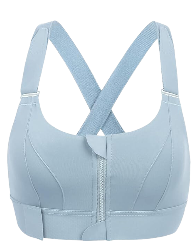Soutien-gorge de sport bleu clair avec fermeture éclair frontale, bretelles croisées au dos, design sans couture, idéal pour fitness et yoga.
