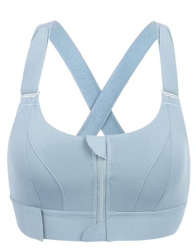 Soutien-gorge de sport bleu clair avec fermeture éclair frontale, bretelles croisées au dos, design sans couture, idéal pour fitness et yoga.