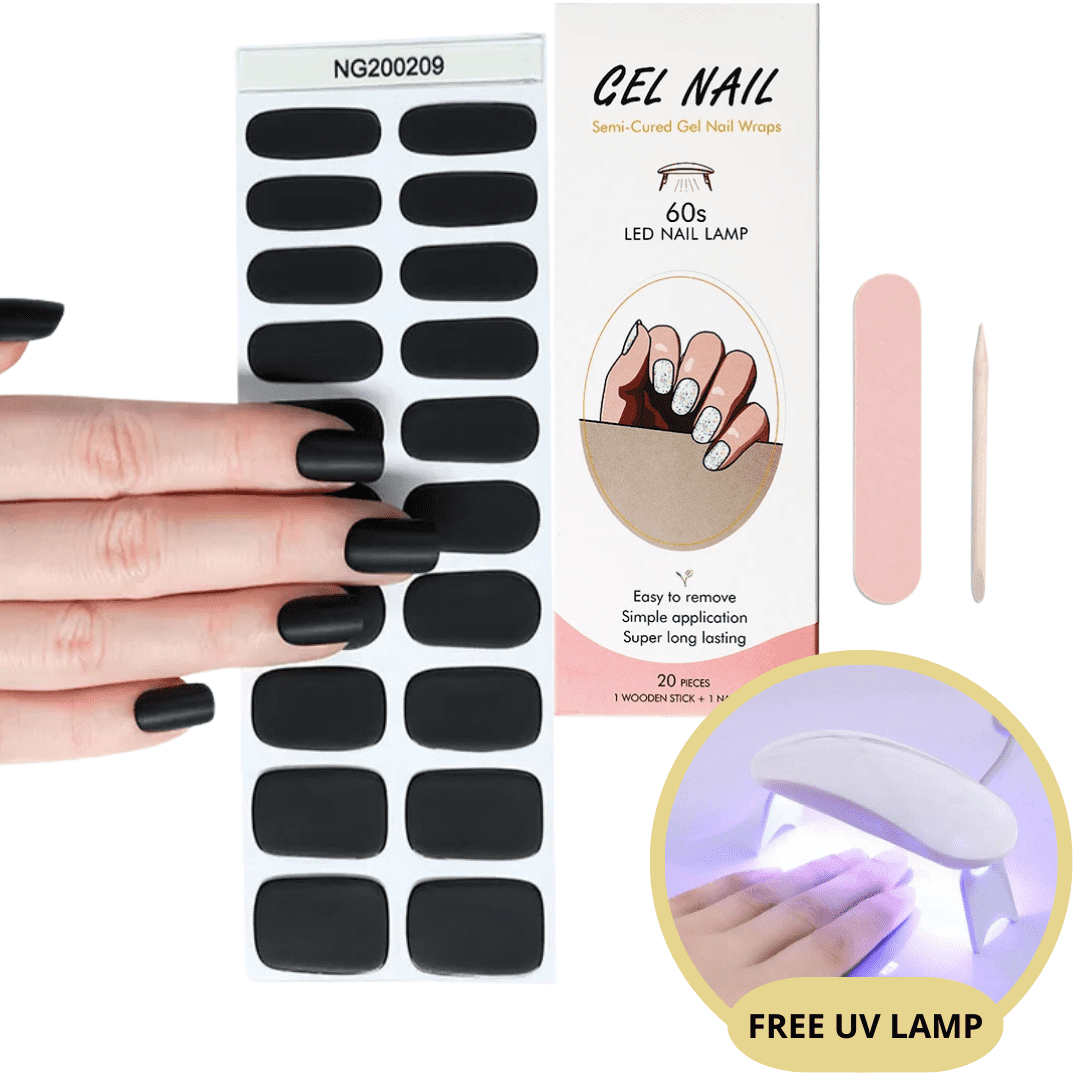 Autocollants ongles gel noir, boîte avec instructions, lime à ongles, bâtonnet en bois, lampe UV gratuite. Manucure facile et longue durée.
