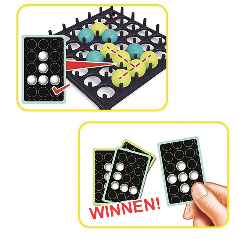 Jeu de société stratégique avec plateau noir, billes colorées et cartes de motifs. Objectif: aligner les billes selon les cartes pour gagner.