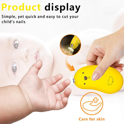 Tondeuse à ongles électrique jaune pour bébé, ergonomique, sûre, facile à utiliser, soin des ongles enfant, design mignon, protection peau.