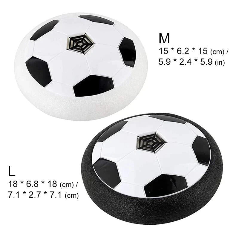 Deux ballons de football flottants, tailles M et L, avec motifs hexagonaux noirs et blancs, pour jeu intérieur. Dimensions en cm et pouces incluses.