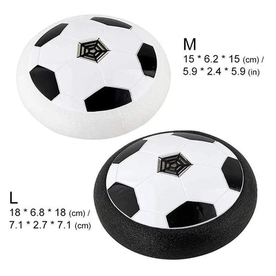 Deux ballons de football flottants, tailles M et L, avec motifs hexagonaux noirs et blancs, pour jeu intérieur. Dimensions en cm et pouces incluses.