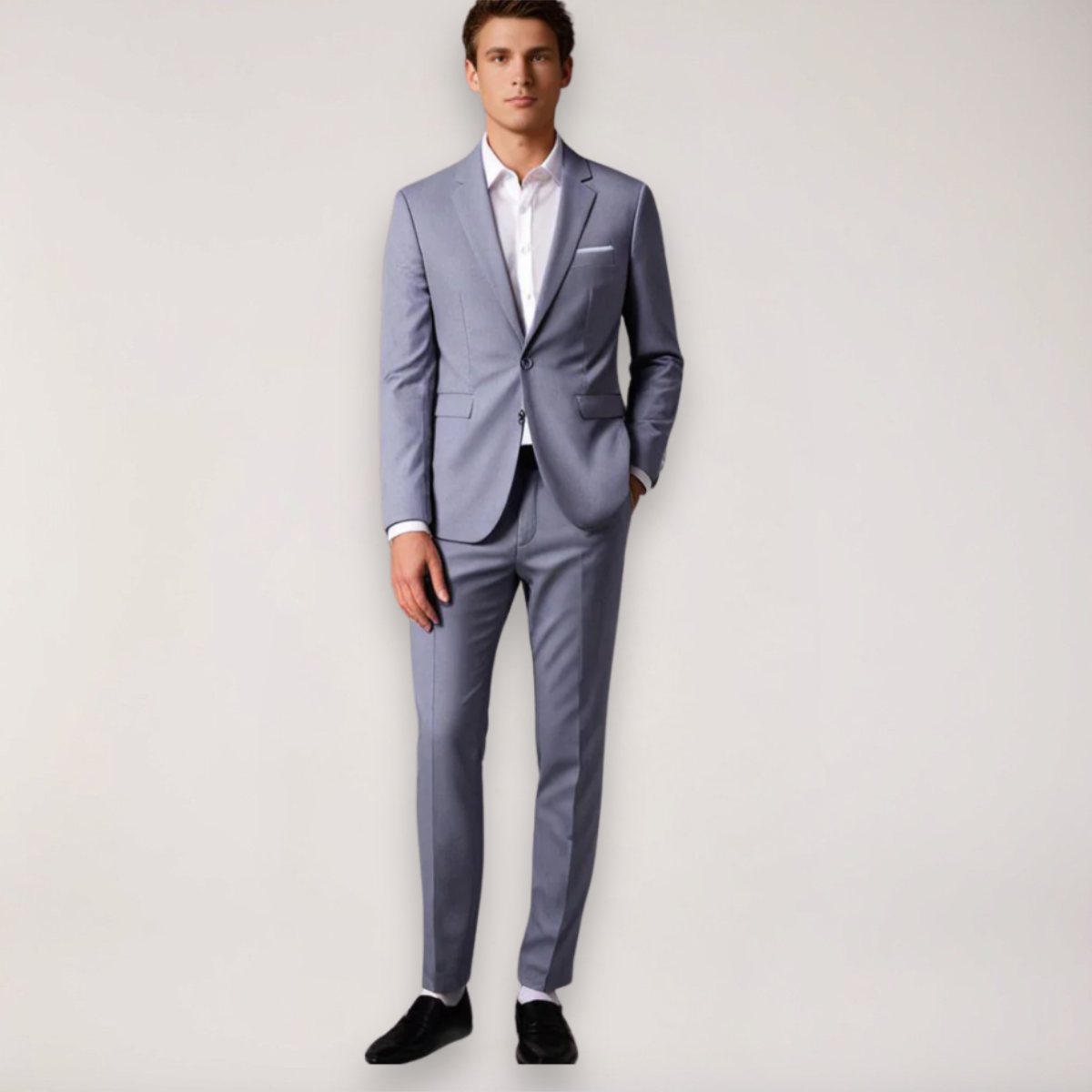 Homme en costume gris élégant, chemise blanche, chaussures noires, pose debout. Mode masculine, tenue formelle, style classique.