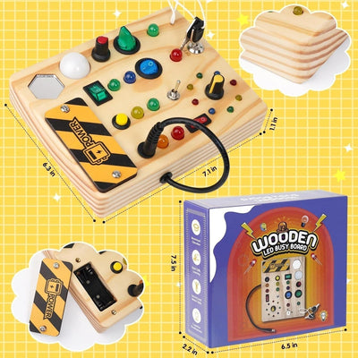 Planche sensorielle en bois avec boutons, interrupteurs et lumières LED colorées, boîte d'emballage incluse. Jouet éducatif pour enfants, développement sensoriel.