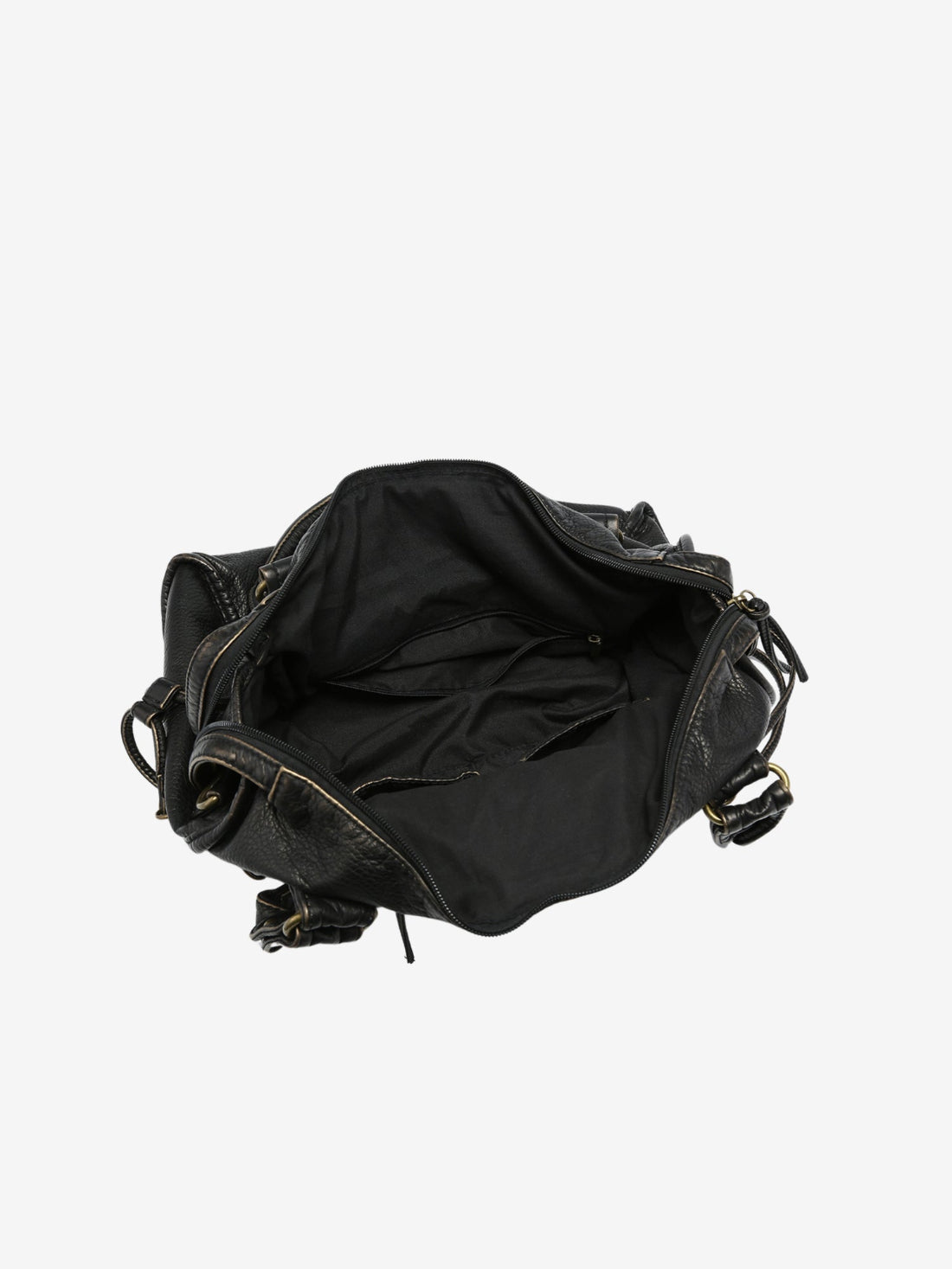 Sac à main en cuir noir ouvert, intérieur spacieux, design élégant, idéal pour mode féminine, accessoires tendance, style chic et pratique.