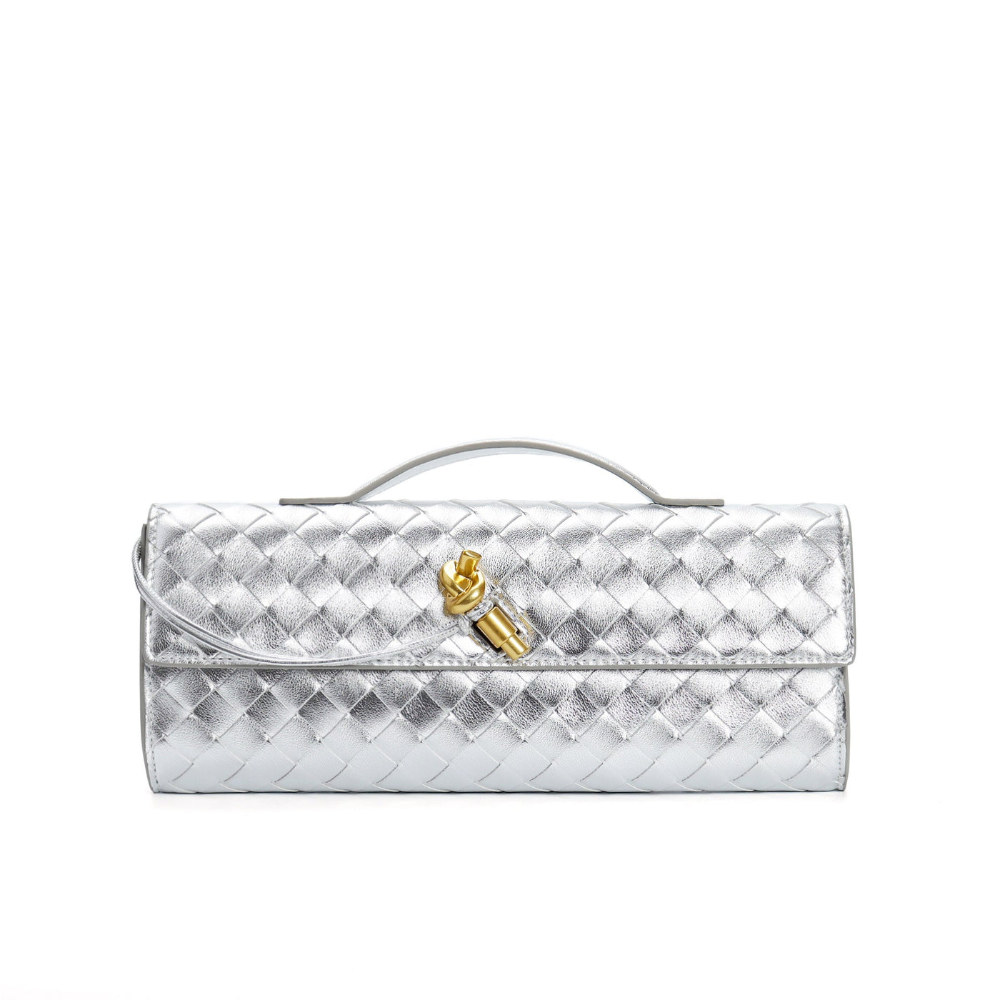 Sac à main argenté tressé avec fermoir doré, design élégant et moderne. Accessoire de mode chic pour soirées et événements spéciaux.