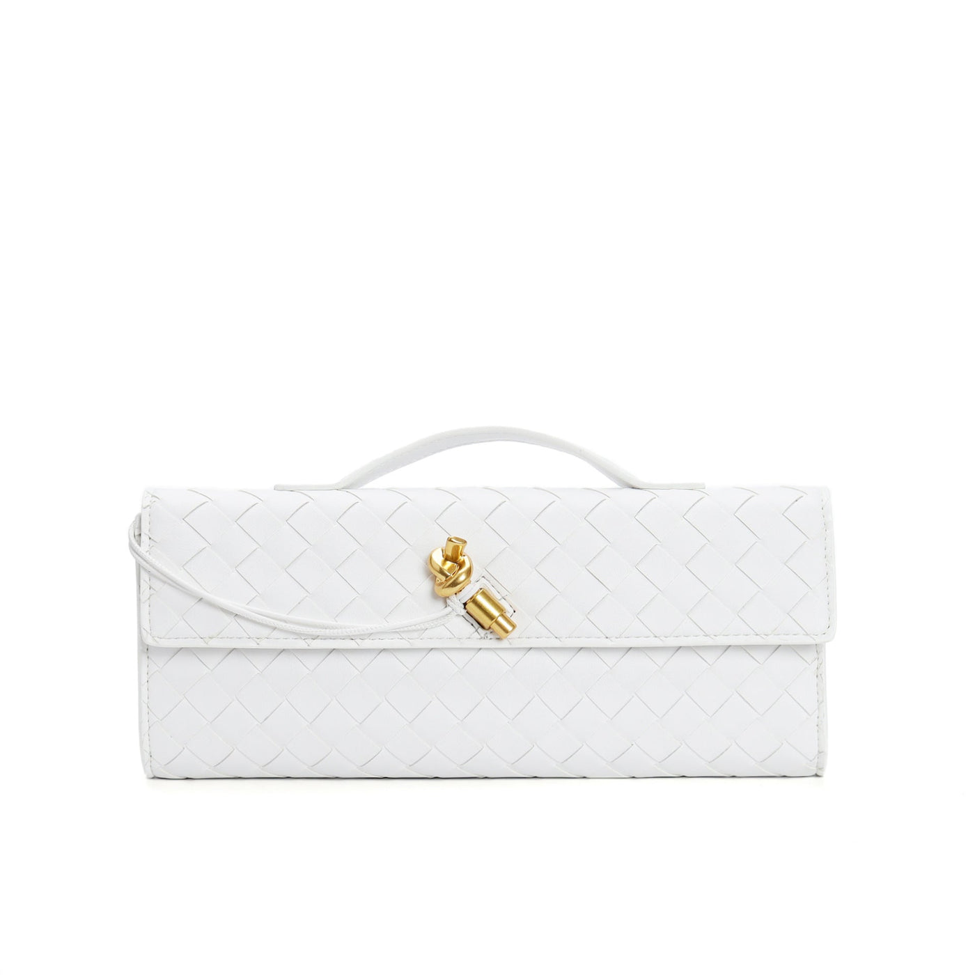 Sac à main blanc tressé en cuir avec fermoir doré, design élégant et moderne. Accessoire de mode chic pour femme, idéal pour soirées et événements.