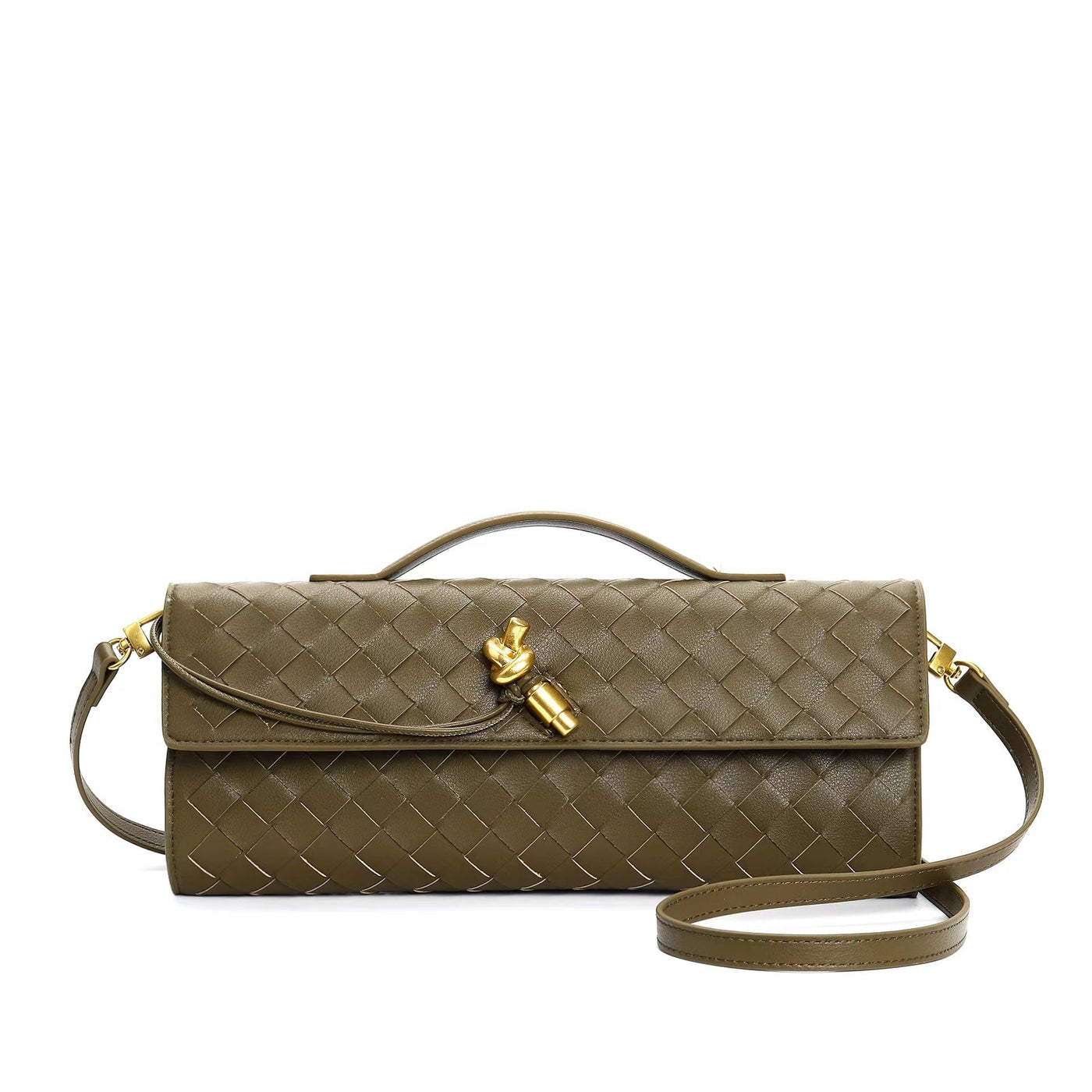 Sac à main en cuir tressé vert olive avec bandoulière, fermoir doré élégant. Accessoire mode luxe, tendance et chic pour femme.