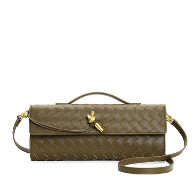 Sac à main en cuir tressé vert olive avec bandoulière, fermoir doré élégant. Accessoire mode luxe, tendance et chic pour femme.