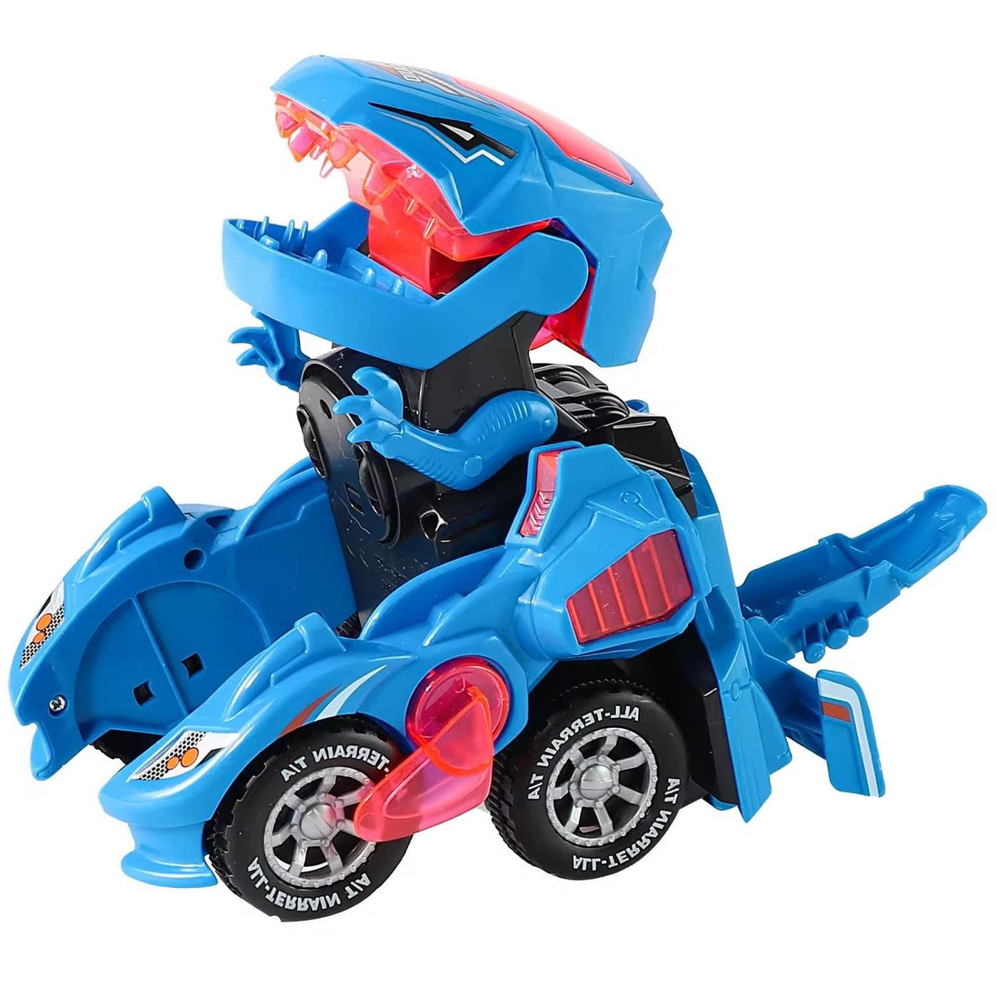 Jouet dinosaure transformable bleu en voiture, design futuriste, roues noires, détails rouges, idéal pour enfants, cadeau original et éducatif.
