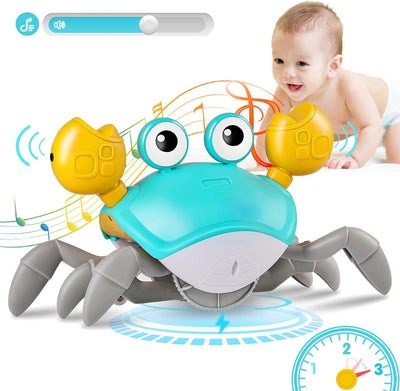 Jouet crabe musical interactif pour bébé, bleu et jaune, avec lumières LED et mouvements, idéal pour éveil et divertissement des tout-petits.