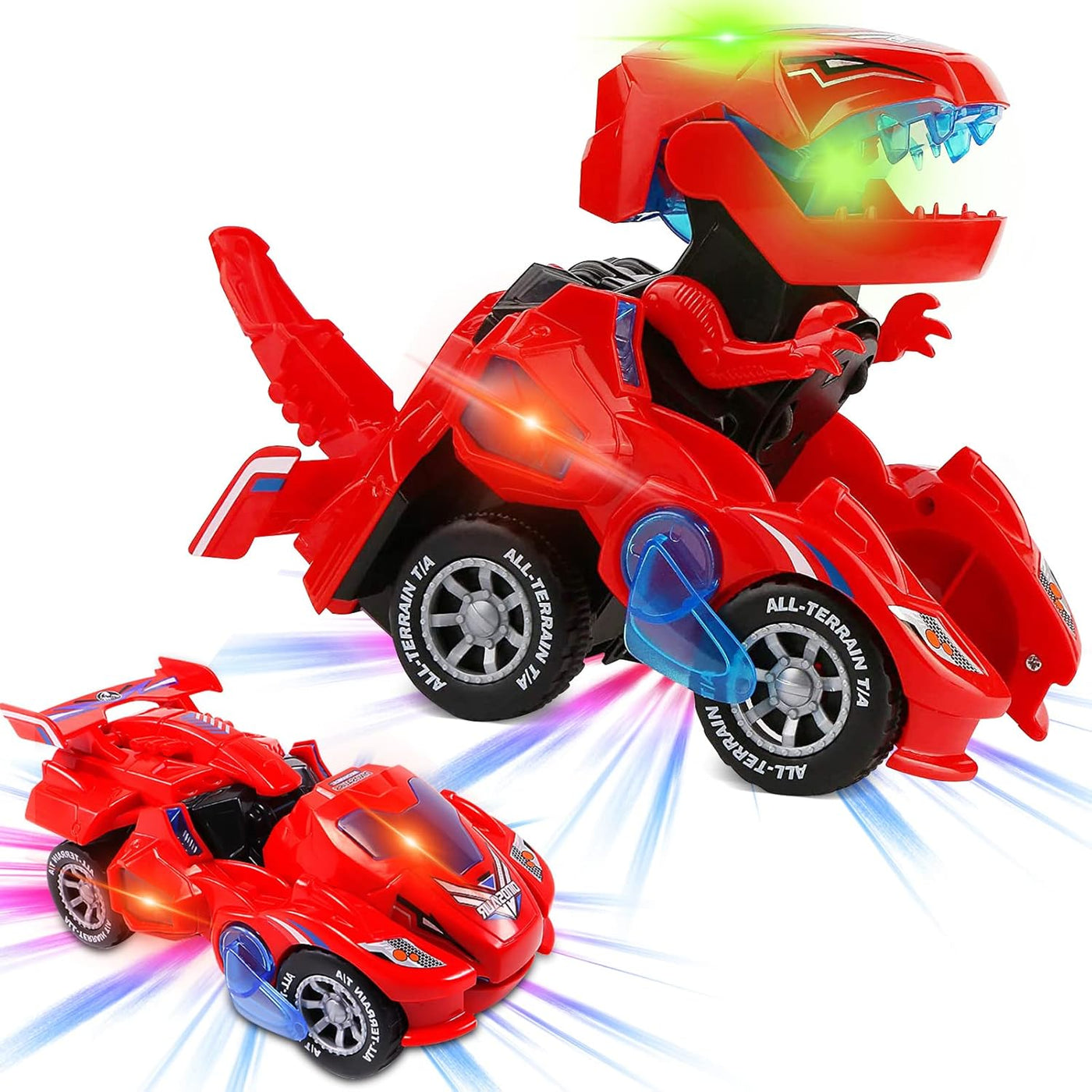 Voiture jouet dinosaure rouge transformable, lumières LED, roues tout-terrain, design innovant pour enfants. Jouet interactif et éducatif.