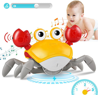 Jouet crabe musical interactif avec lumières LED, pinces rouges, et bébé souriant en arrière-plan. Idéal pour éveil et divertissement enfant.
