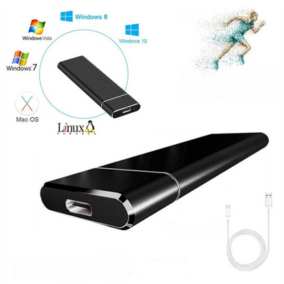 Boîtier disque dur externe USB-C noir, compatible Windows, Mac OS, Linux, avec câble inclus. Design élégant, haute performance, stockage portable.