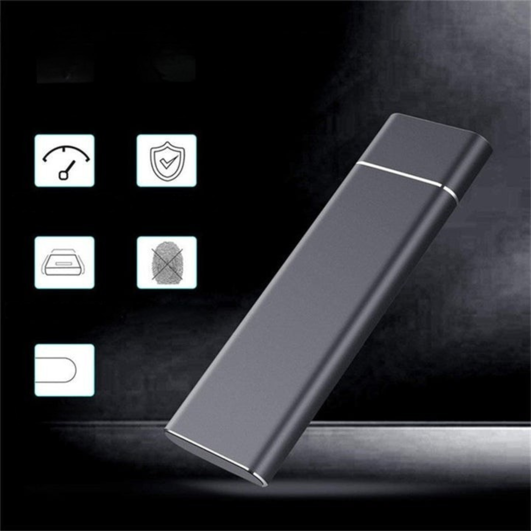 Clé USB noire moderne avec icônes de vitesse, sécurité et stockage. Design élégant, technologie avancée, stockage portable haute capacité.