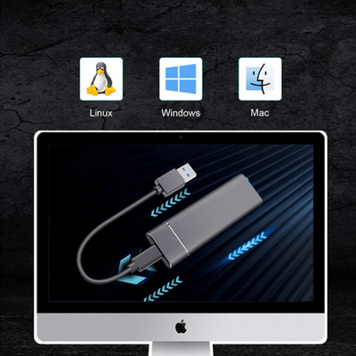 Adaptateur USB-C vers HDMI affiché sur écran d'ordinateur, compatible Linux, Windows, Mac. Accessoire informatique, connectivité multi-système.