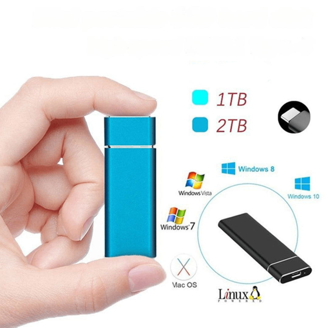 Clé USB bleue 2 To, compatible Windows 7, 8, 10, Vista, Mac OS, Linux, tenue en main. Stockage externe haute capacité.