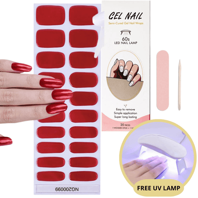 Autocollants ongles gel rouges, kit manucure avec lampe LED UV gratuite, lime à ongles et bâtonnet en bois, application facile, longue tenue.