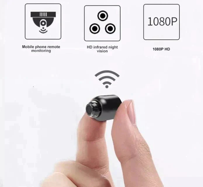 Caméra espion miniaturisée tenue entre deux doigts, offrant surveillance à distance, vision nocturne infrarouge HD et résolution 1080P.