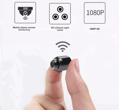 Caméra espion miniaturisée tenue entre deux doigts, offrant surveillance à distance, vision nocturne infrarouge HD et résolution 1080P.