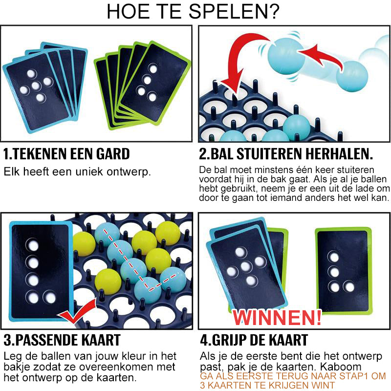 Jeu de société avec cartes et billes bleues, instructions en néerlandais. Objectif: faire correspondre les cartes avec les billes sur un plateau.
