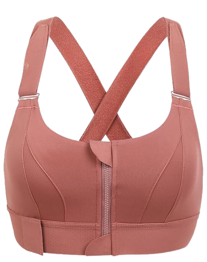 Soutien-gorge de sport rose avec fermeture éclair frontale, bretelles croisées, tissu respirant. Lingerie fitness femme, maintien optimal.
