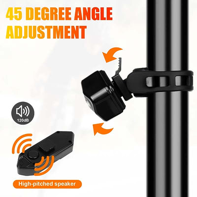 Ajustement d'angle à 45 degrés pour haut-parleur puissant 120dB, fixé sur guidon de vélo. Accessoire vélo essentiel pour sécurité sonore optimale.