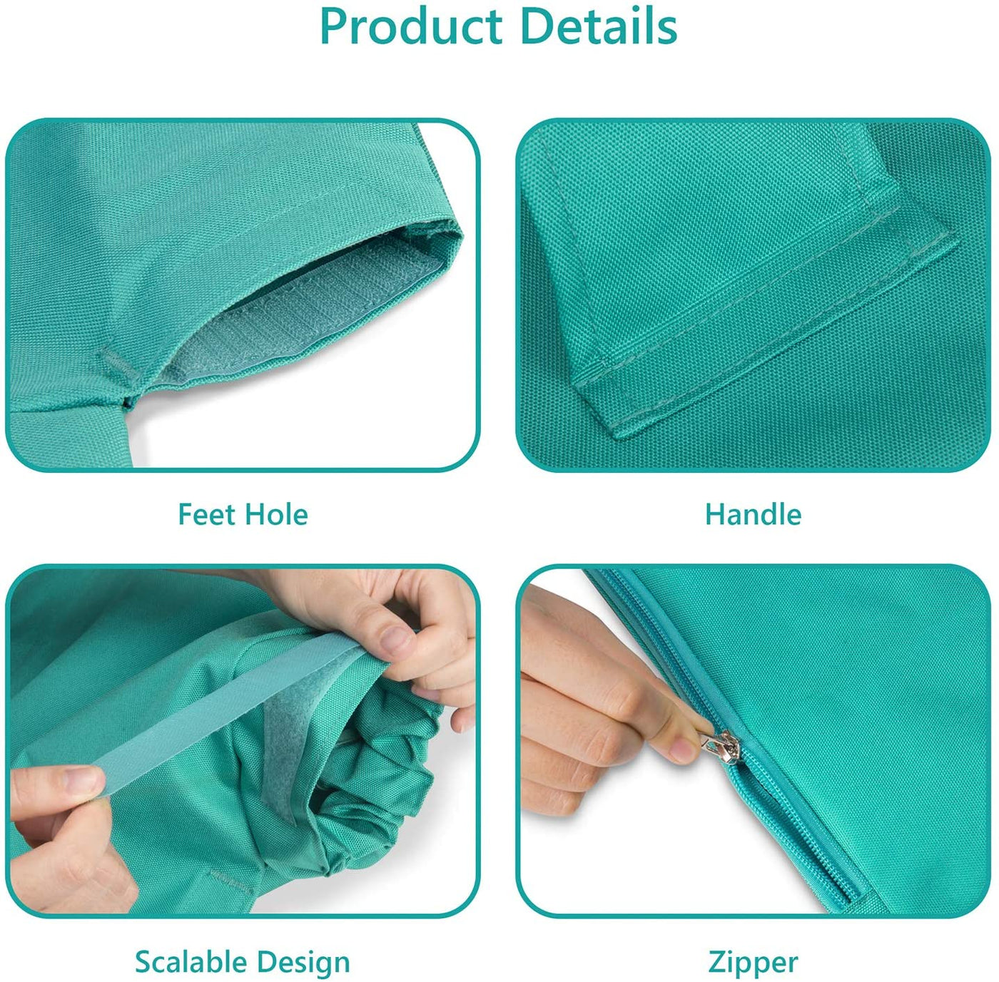 Détails du produit: couverture verte avec trou pour les pieds, poignée, design extensible et fermeture éclair. Accessoire pratique et polyvalent.
