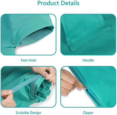 Détails du produit: couverture verte avec trou pour les pieds, poignée, design extensible et fermeture éclair. Accessoire pratique et polyvalent.