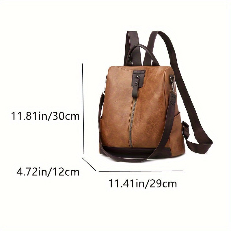 Sac à dos en cuir marron avec bretelles ajustables, fermeture éclair frontale, dimensions 30x29x12 cm. Accessoire mode pratique et élégant.