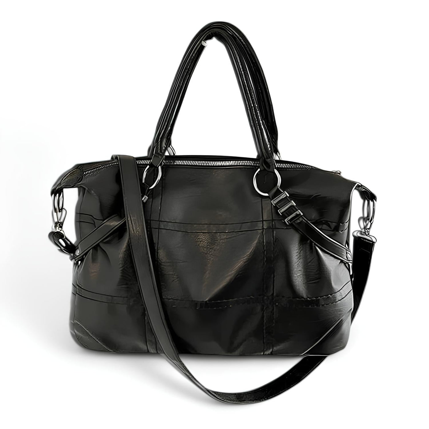 Sac à main en cuir noir élégant avec bandoulière réglable, fermetures éclair argentées et poignées doubles. Accessoire mode femme chic et pratique.