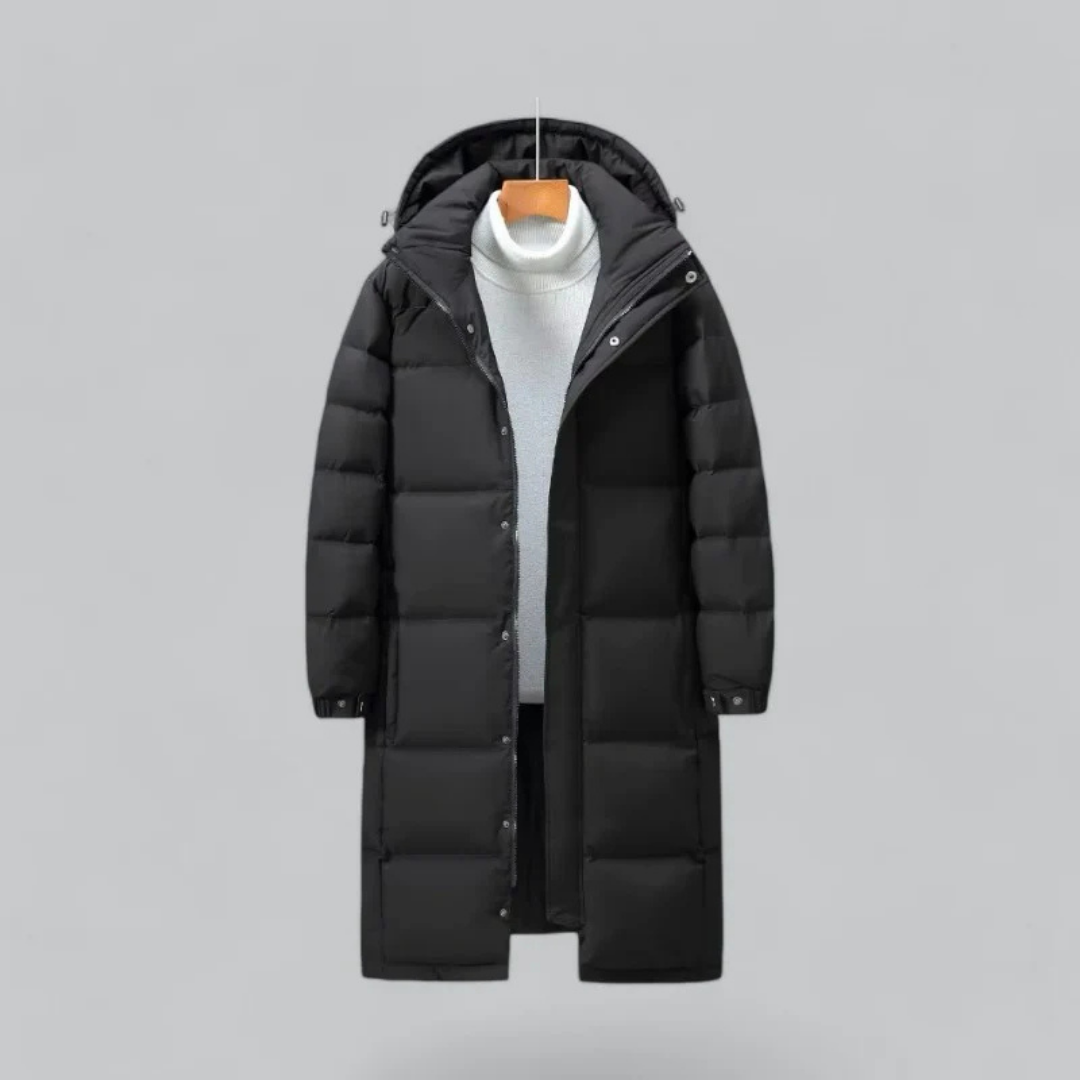 Hommes Longue Veste en duvet bouton tampon | Capuche