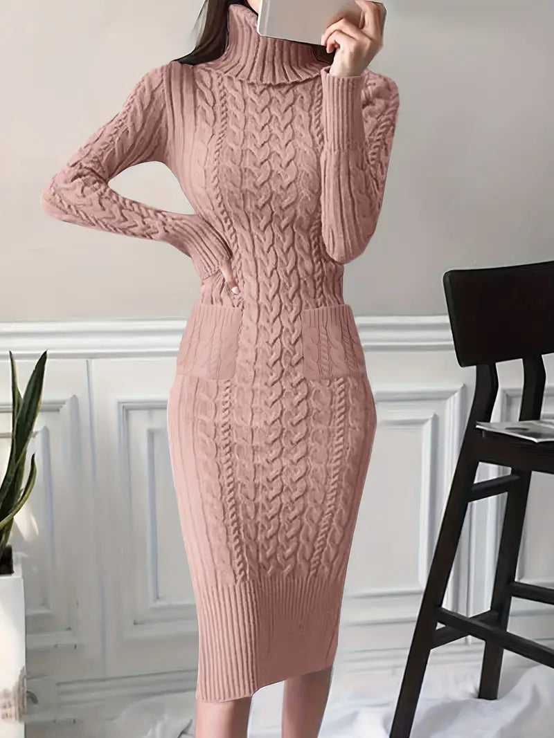 Elégante robe pull mince en tricot de câble avec deux poches