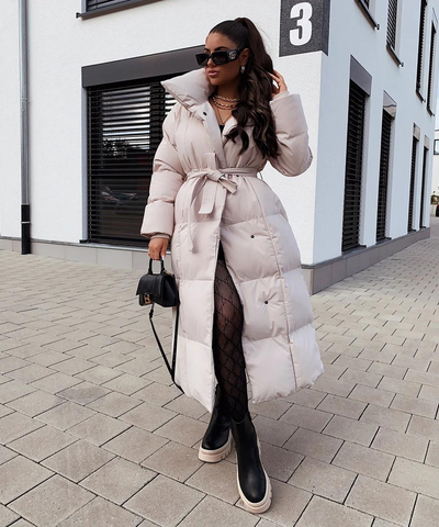 Mellody lang elegant frakke med bælte til kvinder - Premium uldblanding