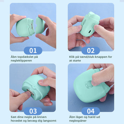 Image montrant un coupe-ongles électrique vert avec instructions d'utilisation en quatre étapes, mains manipulant l'appareil. Accessoire manucure moderne.