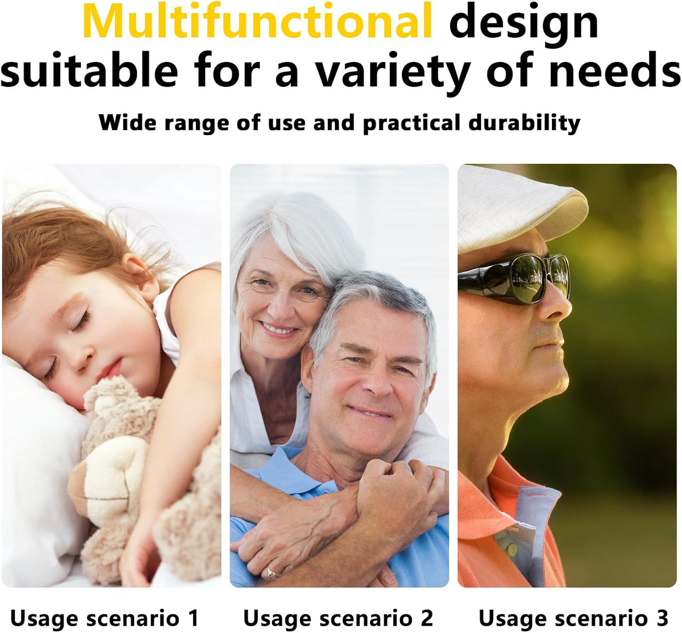 Image promotionnelle d'un oreiller multifonctionnel, illustrant son utilisation pour le sommeil des enfants, le confort des seniors et le soutien cervical.