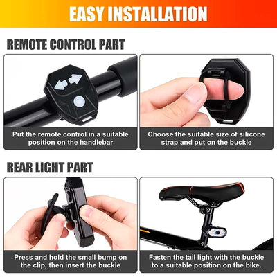 Télécommande et feu arrière de vélo, installation facile. Instructions pour fixer la télécommande au guidon et le feu sous la selle avec des sangles.