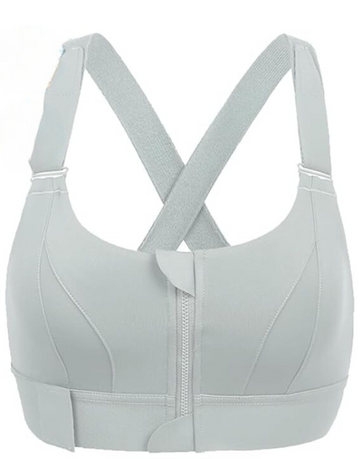 Soutien-gorge de sport gris clair avec fermeture éclair frontale, bretelles croisées, sans armature, idéal pour fitness et yoga.