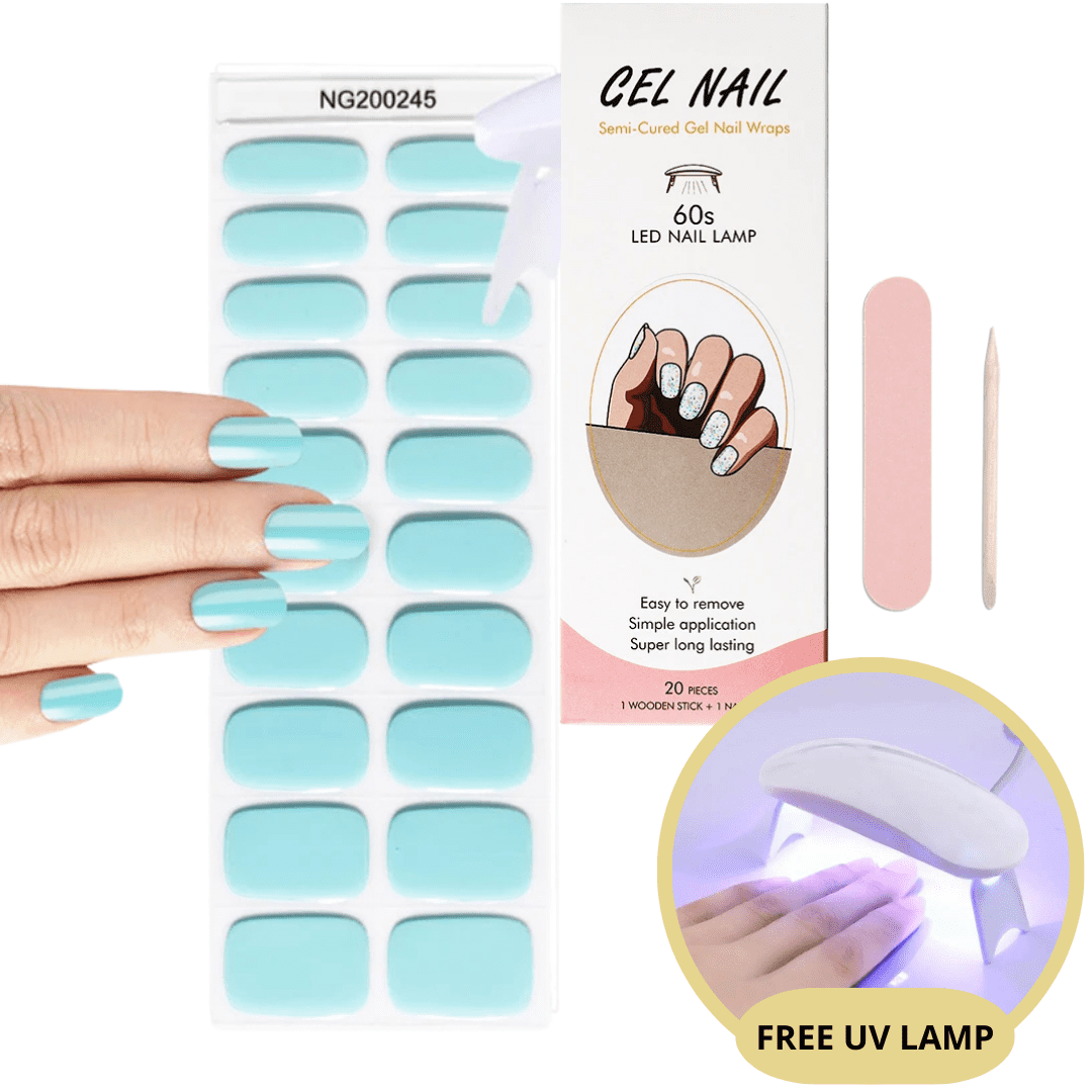 Ongles en gel semi-polymérisés bleu clair avec lampe UV gratuite, lime à ongles et bâtonnet en bois. Application facile, longue tenue.