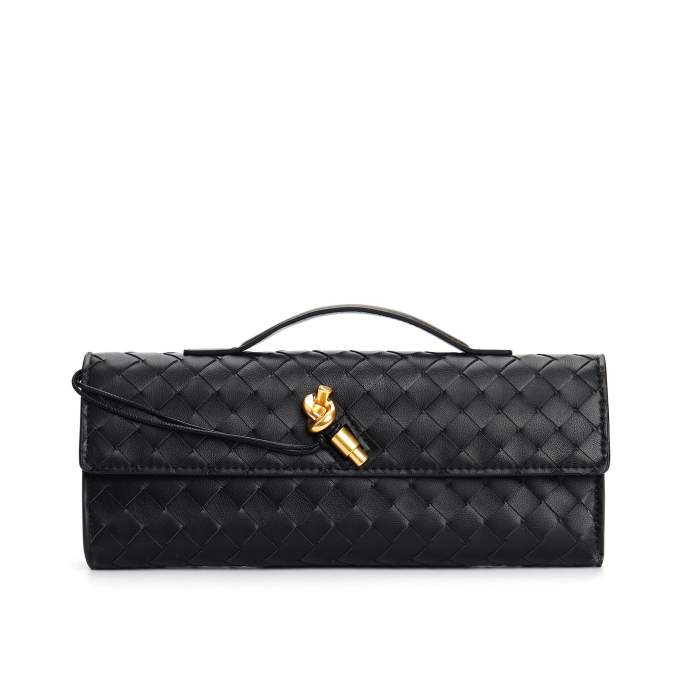Sac à main en cuir noir tressé avec poignée, fermoir doré élégant. Accessoire de mode chic et tendance pour femme.