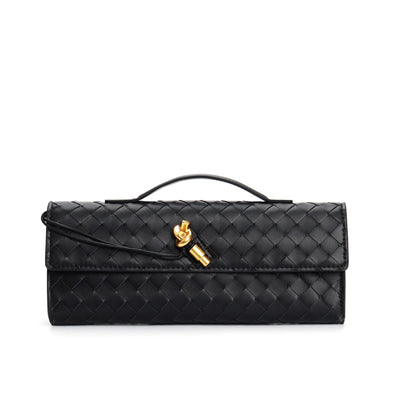 Sac à main en cuir noir tressé avec poignée, fermoir doré élégant. Accessoire de mode chic et tendance pour femme.