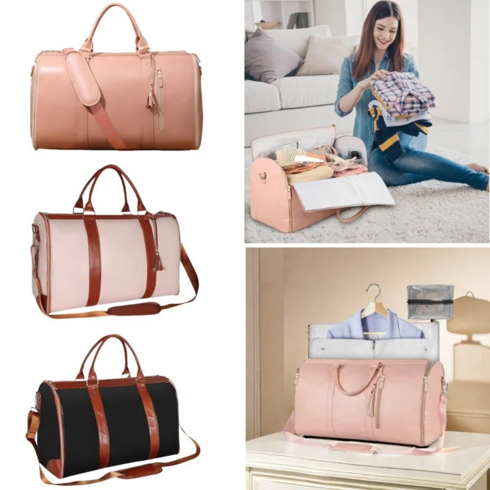 Sac de voyage en cuir rose avec compartiments, idéal pour organiser vêtements et accessoires. Design élégant, parfait pour voyages et week-ends.