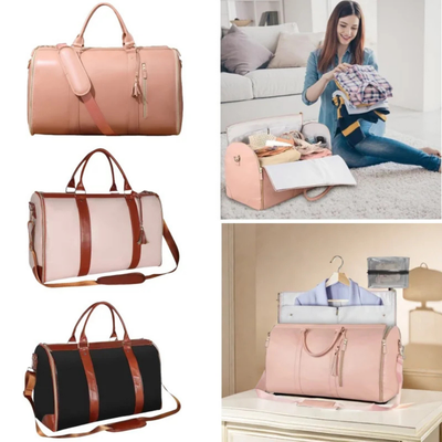 Sac de voyage en cuir rose avec compartiments, idéal pour organiser vêtements et accessoires. Design élégant, parfait pour voyages et week-ends.